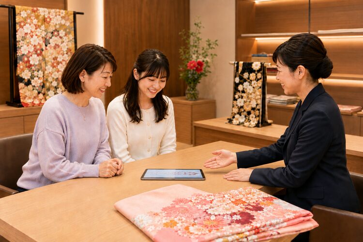 店舗で振袖を相談するお客様とスタッフ