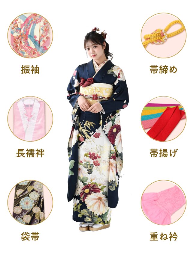 振袖・長襦袢・袋帯・帯締め・帯揚げ・重ね衿がセットになったレンタルフルセット
